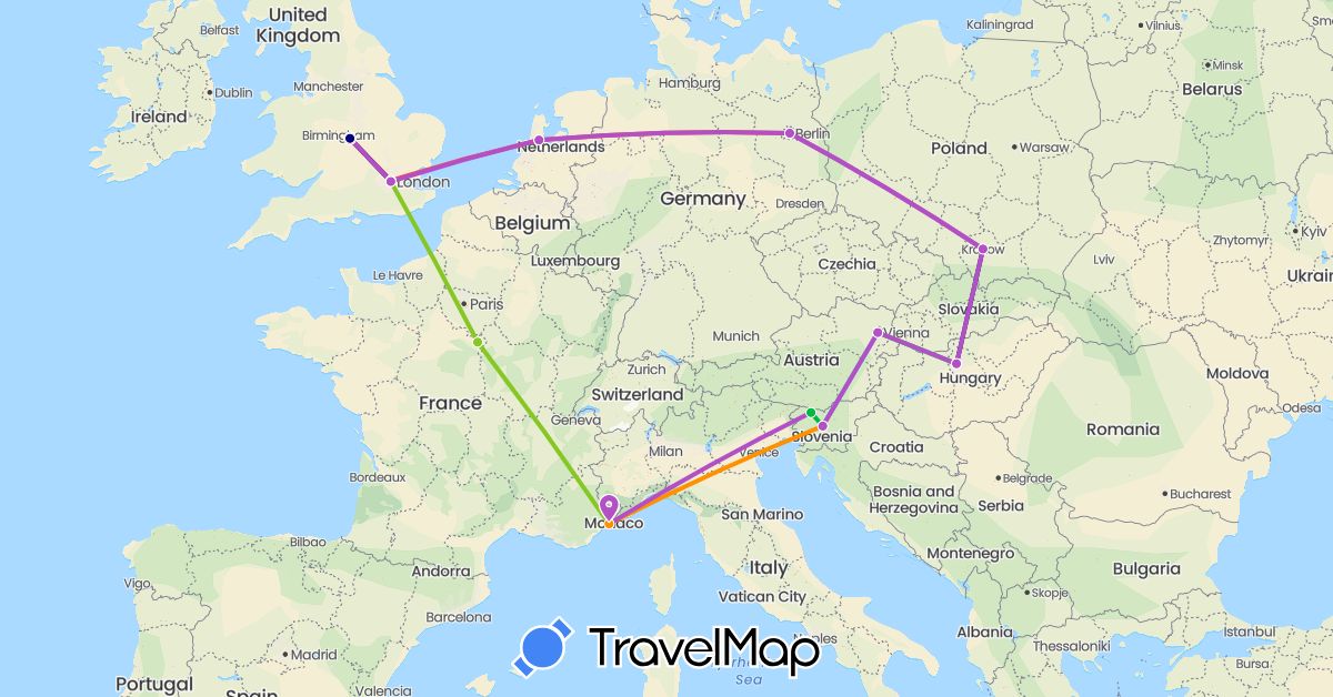 TravelMap itinerary: driving, bus, train, hiking, boat, hitchhiking, electric vehicle in Austria, Germany, France, United Kingdom, Hungary, Netherlands, Poland, Slovenia (Europe)