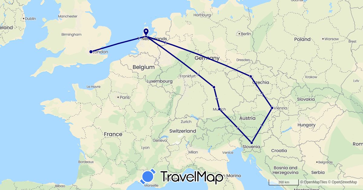 TravelMap itinerary: driving in Austria, Czech Republic, Germany, United Kingdom, Netherlands, Slovenia (Europe)