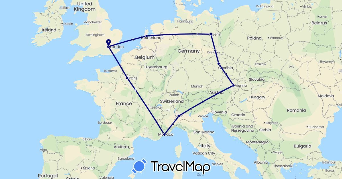 TravelMap itinerary: driving in Austria, Czech Republic, France, United Kingdom, Netherlands (Europe)