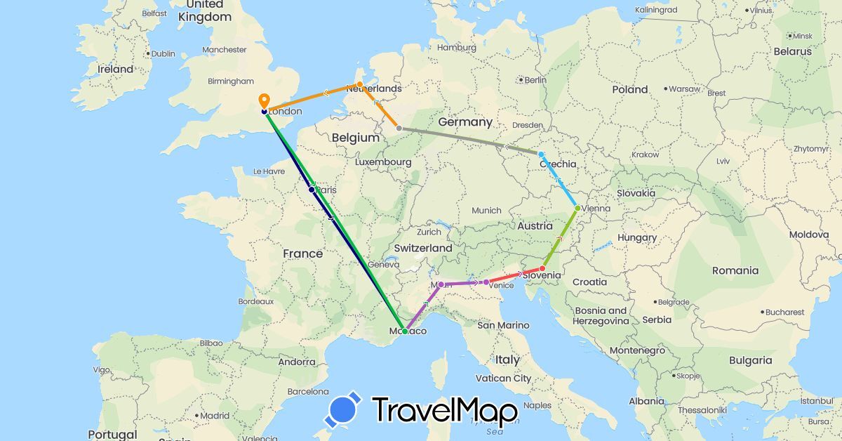 TravelMap itinerary: driving, bus, plane, train, hiking, boat, hitchhiking, electric vehicle in Austria, Czech Republic, Germany, France, United Kingdom, Italy, Netherlands, Slovenia (Europe)